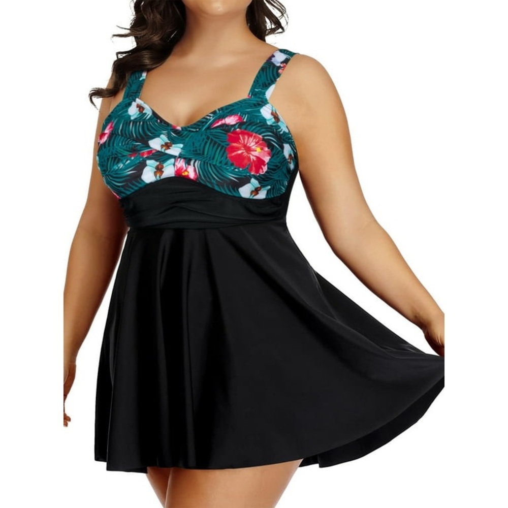 Chama Plus Size Flowy Swimdress Retro Printed Swimsuit Empire Waist Tankini